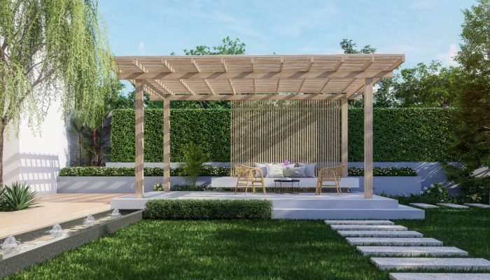 pérgola diseñada para espacio exterior con jardines